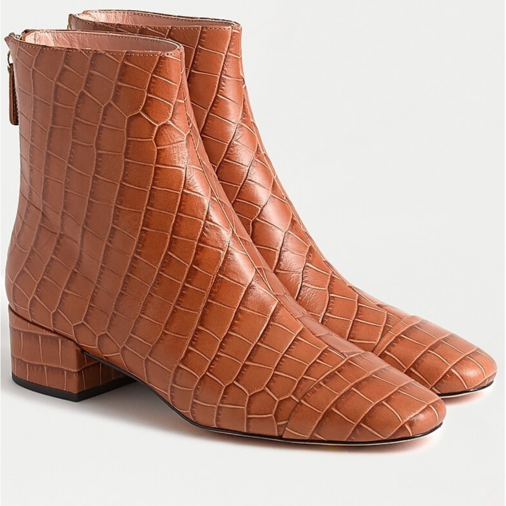 J Crew Roxie Cap-Toe Ankle Boots in Crocodile-Embossed Leather Sz 8